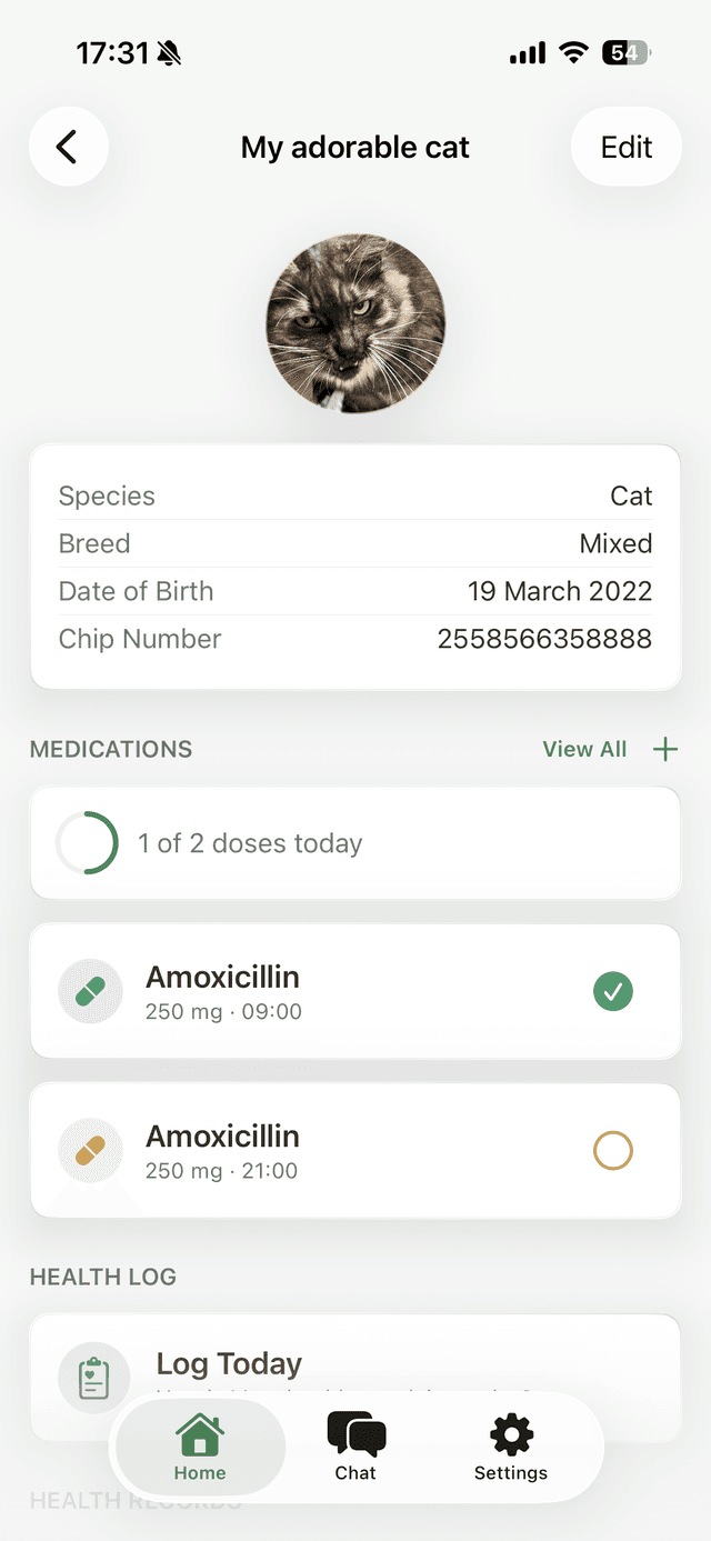 Pet profile screen showing health summary