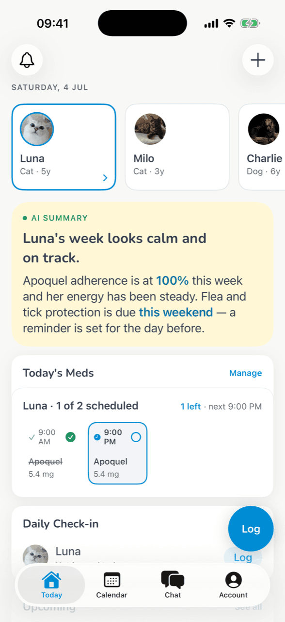 VetKeep app showing your pet's health dashboard